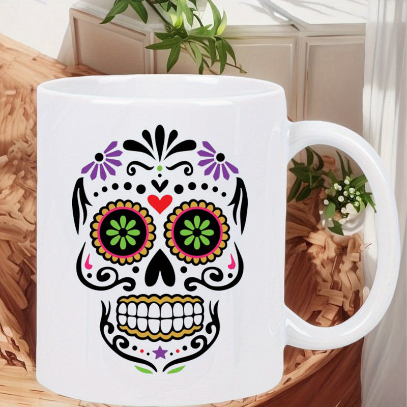 Tailorly White Ceramic 11 oz Mug - Traditional Mexican Sugar Pattern With Colorful Floral Ornaments And Heart Details Skull