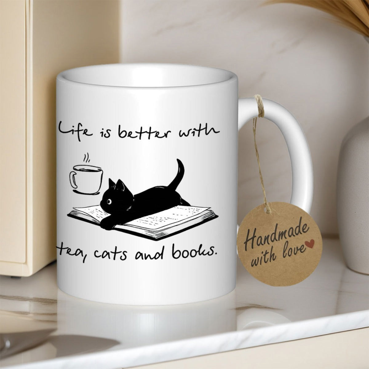 Tailorly White Ceramic 11 oz Mug - Life Is Better With Tea Cats And Books Minimalist Black Silhouette Resting On Open Pages With Steaming Cup Cat