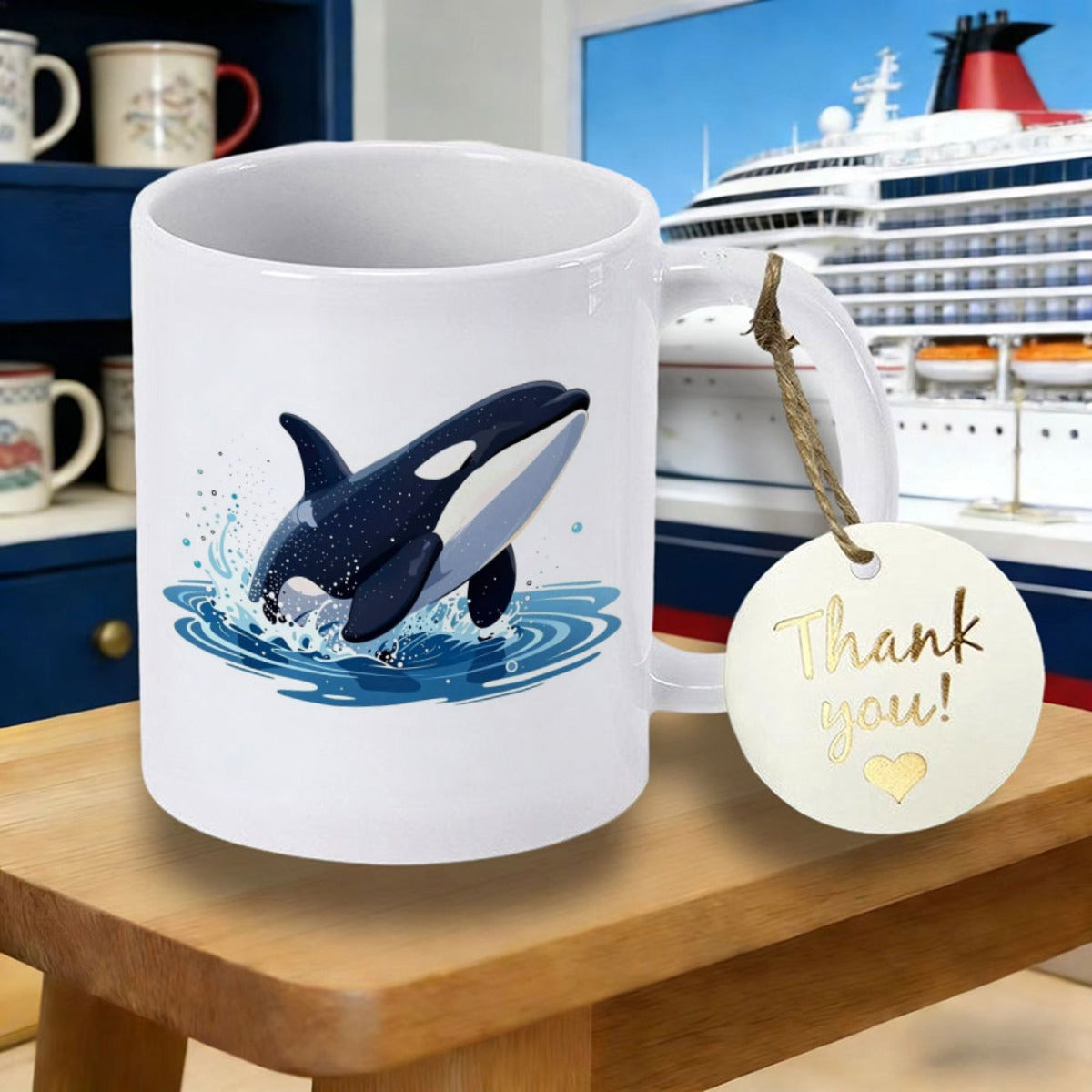 Tailorly White Ceramic 11 oz Mug - Thank You Majestic Black And White Killer Whale Leaping From Vibrant Blue Splashing Ocean Waves Orca