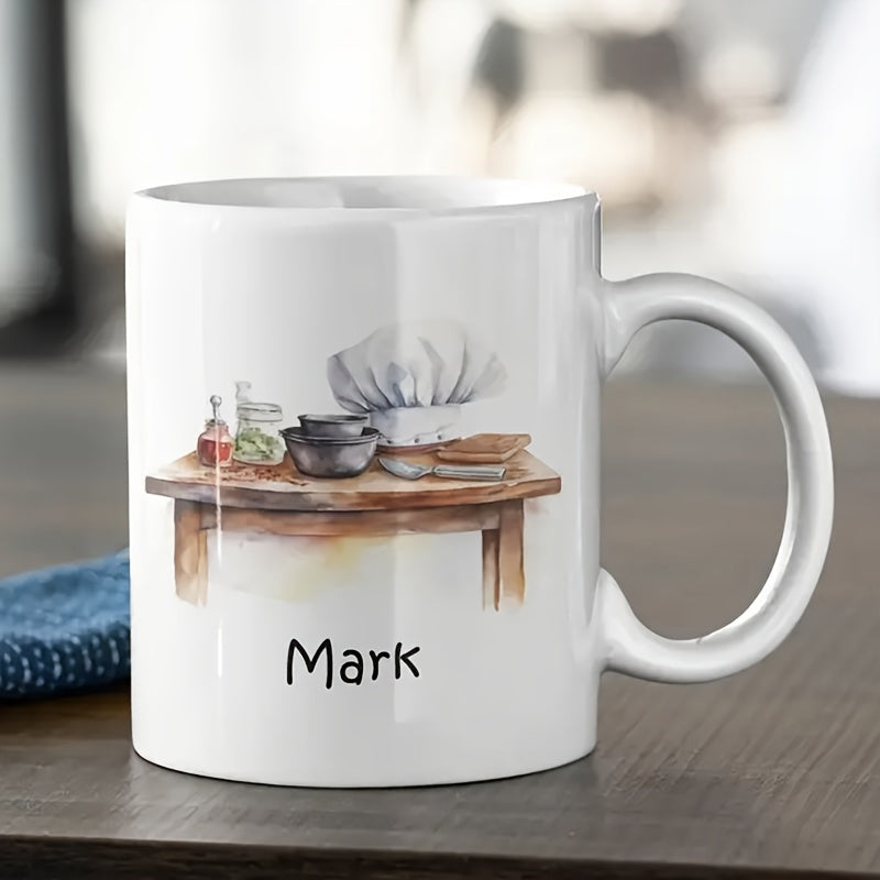Tailorly White Ceramic 11 oz Mug - Mark Watercolor Cooking Essentials Resting On A Rustic Wooden Kitchen Table