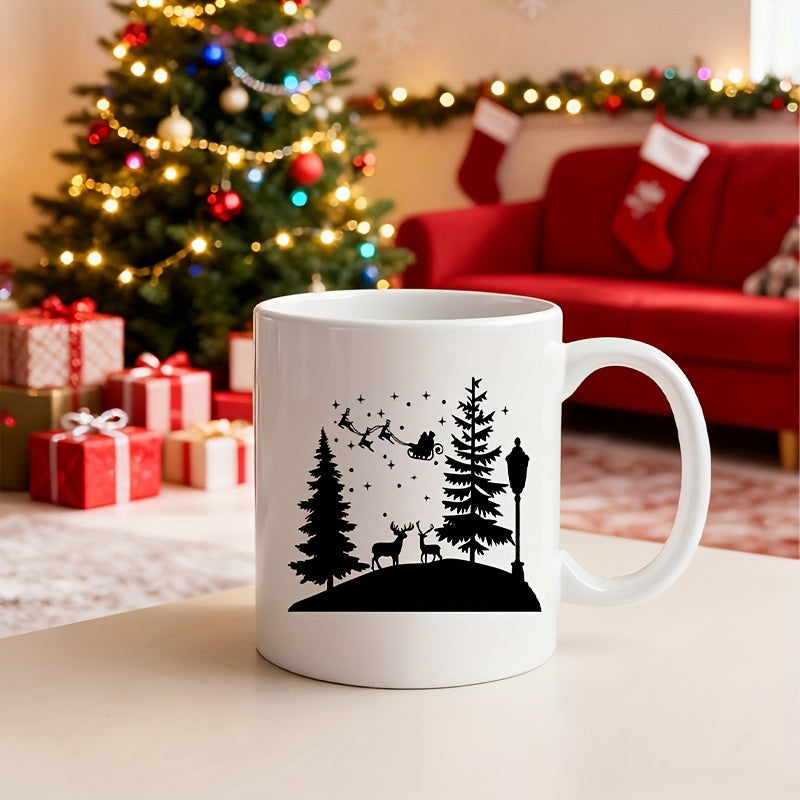 Tailorly White Ceramic 11 oz Mug - Festive Christmas Silhouette Of Santa Flying Above Winter Forest With Reindeer Scene