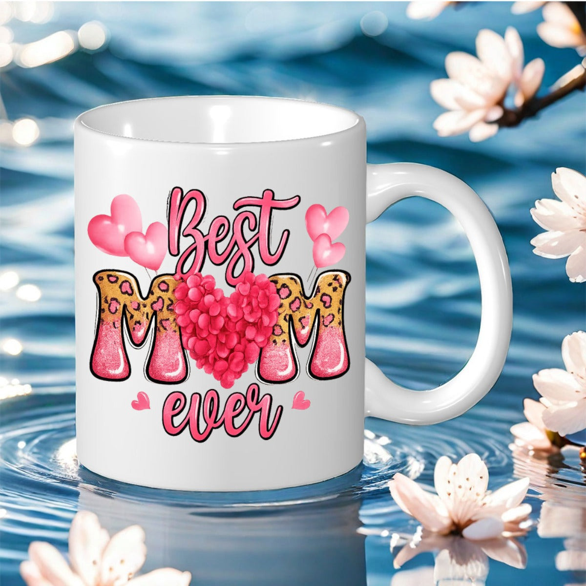 Tailorly White Ceramic 11 oz Mug - Best Mom Ever Vibrant Pink Accents With Leopard Print Letters And Rose Heart