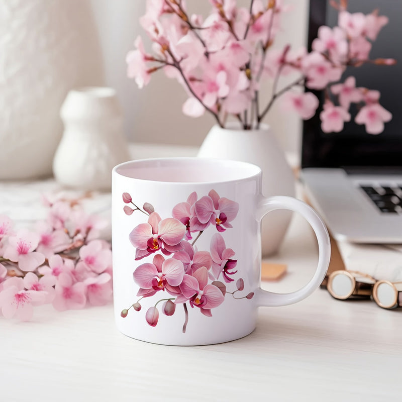 Tailorly White Ceramic 11 oz Mug - Delicate Pink Petals Blooming On Branches Amidst Soft Subtle Lighting Orchid