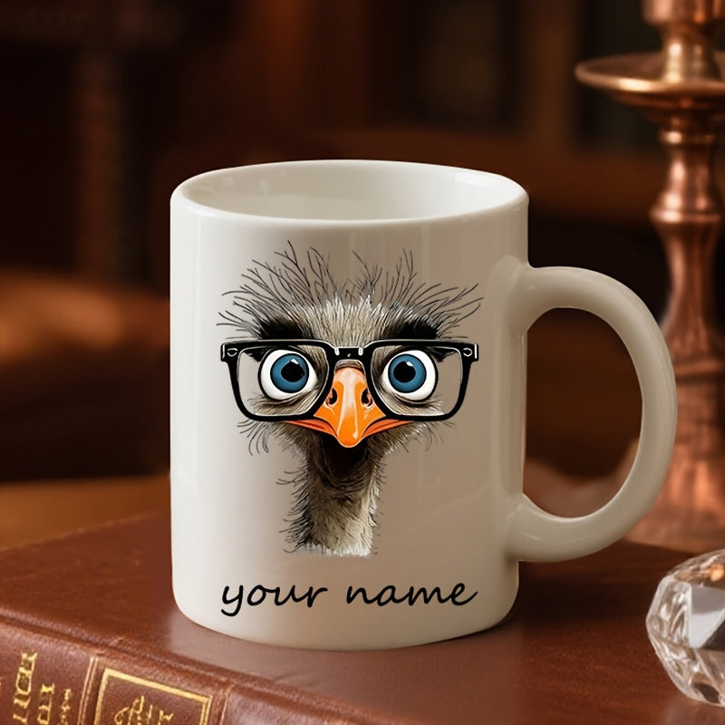 Tailorly White Ceramic 11 oz Mug - Your Name Quirky Bird Wearing Black Frame Glasses With Fluffy Feathers Ostrich