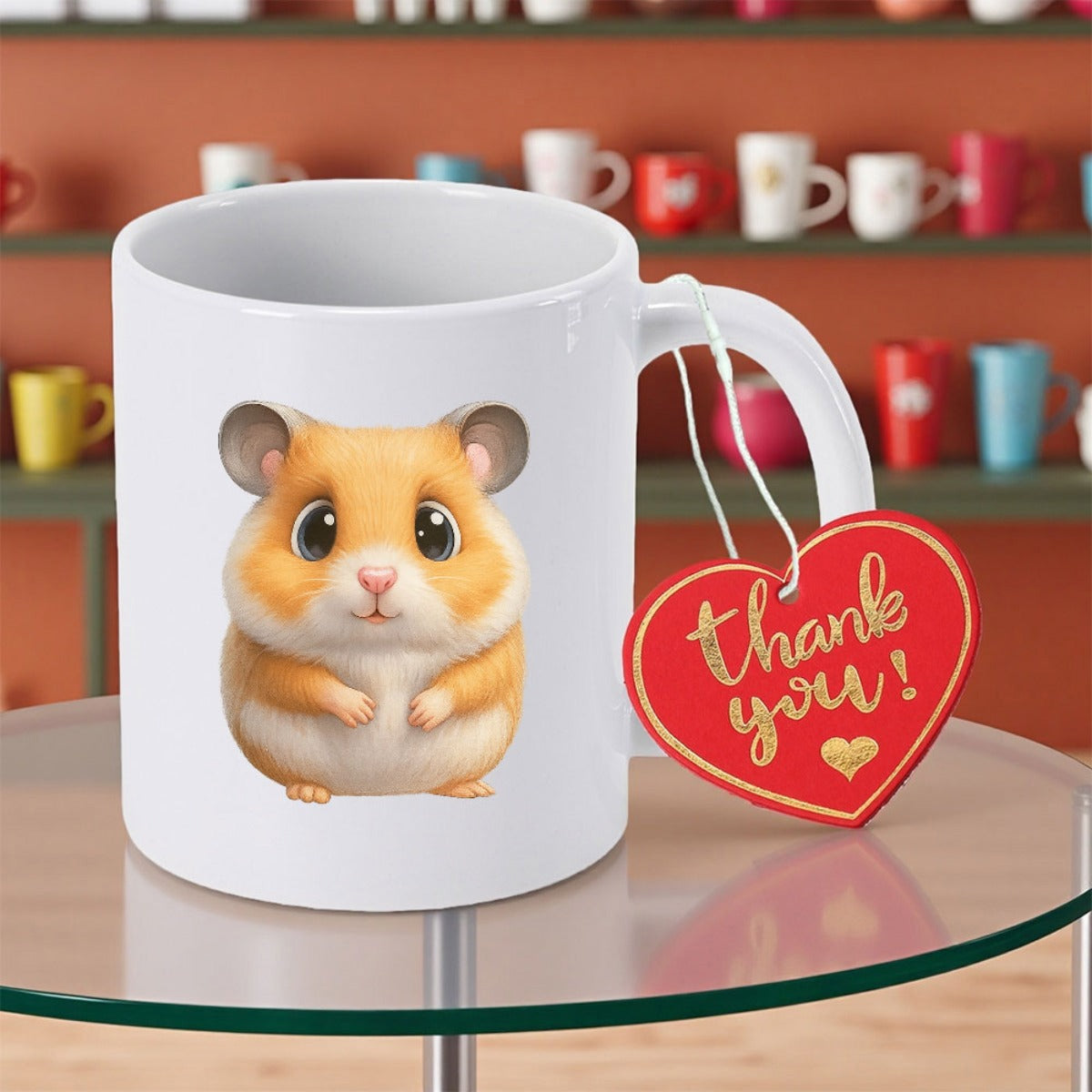 Tailorly White Ceramic 11 oz Mug - Thank You Adorable Fluffy Golden Hamster Sitting Calmly With Large Round Eyes Hamster