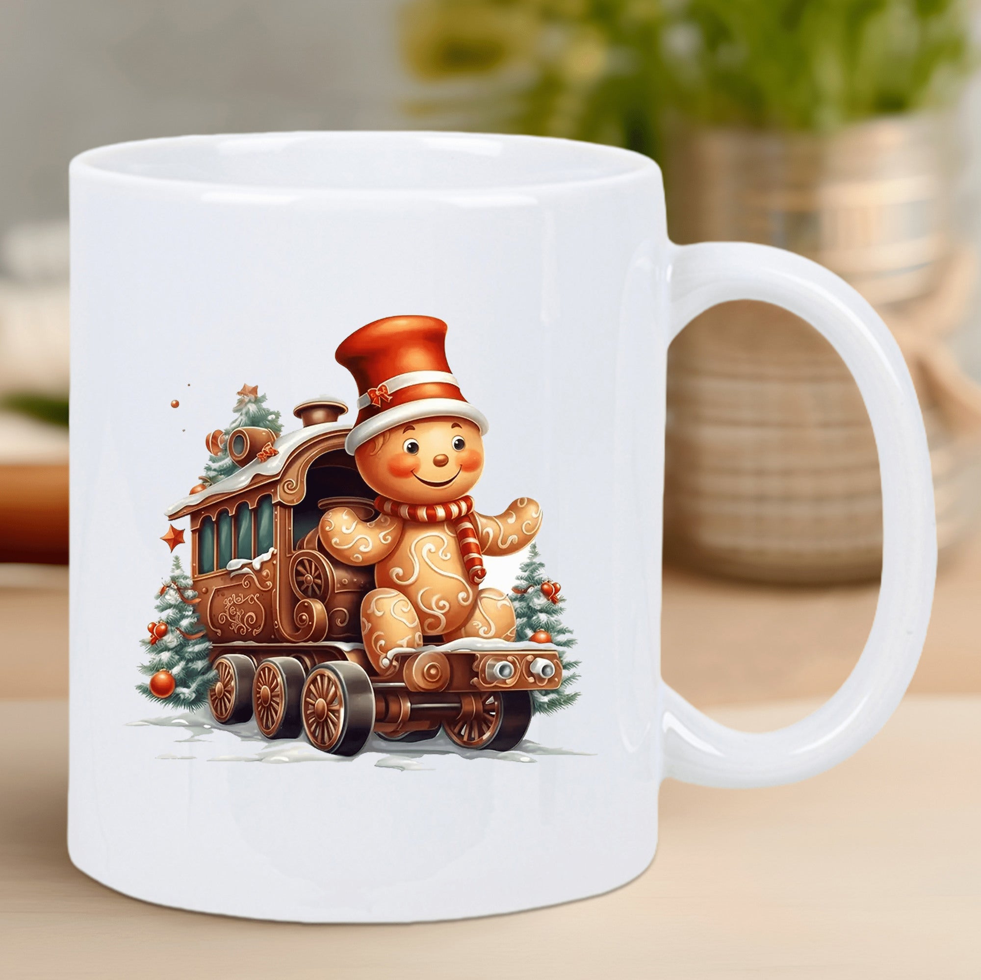 Tailorly White Ceramic 11 oz Mug - Festive Gingerbread Man Sitting Atop A Vintage Wooden Christmas Train Car Among Snowy Trees Locomotive