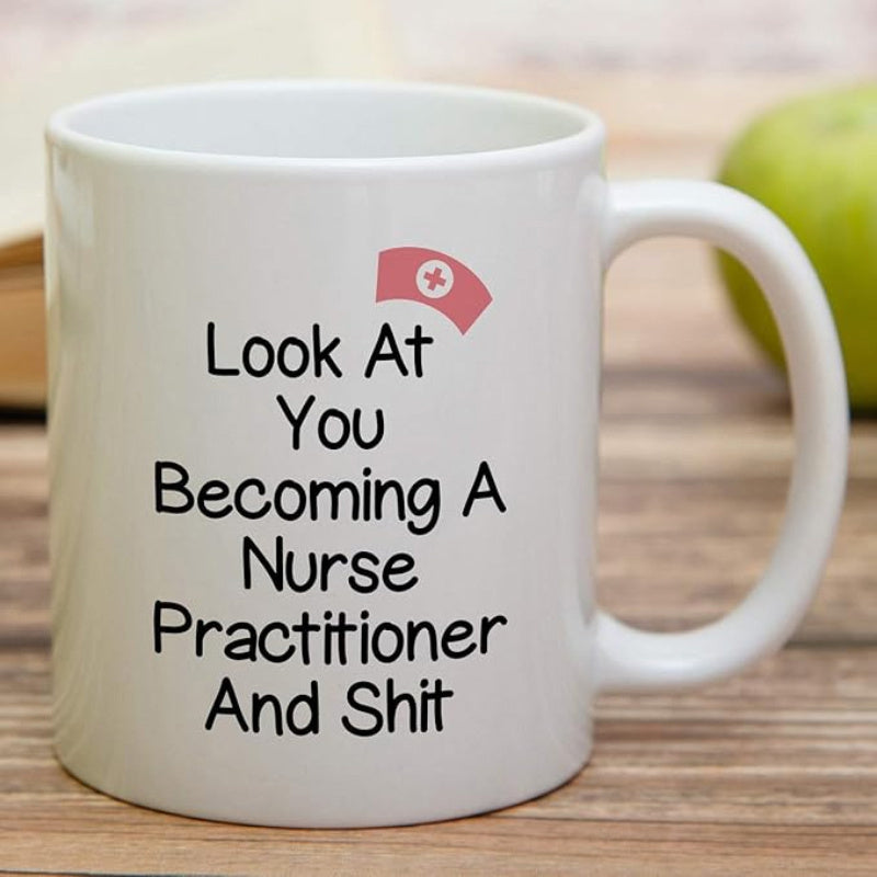 Tailorly White Ceramic 11 oz Mug - Look At You Becoming A Nurse Practitioner And Shit Minimalist Pink Medical Hat With A White Cross Emblem Decorative Nurse Cap