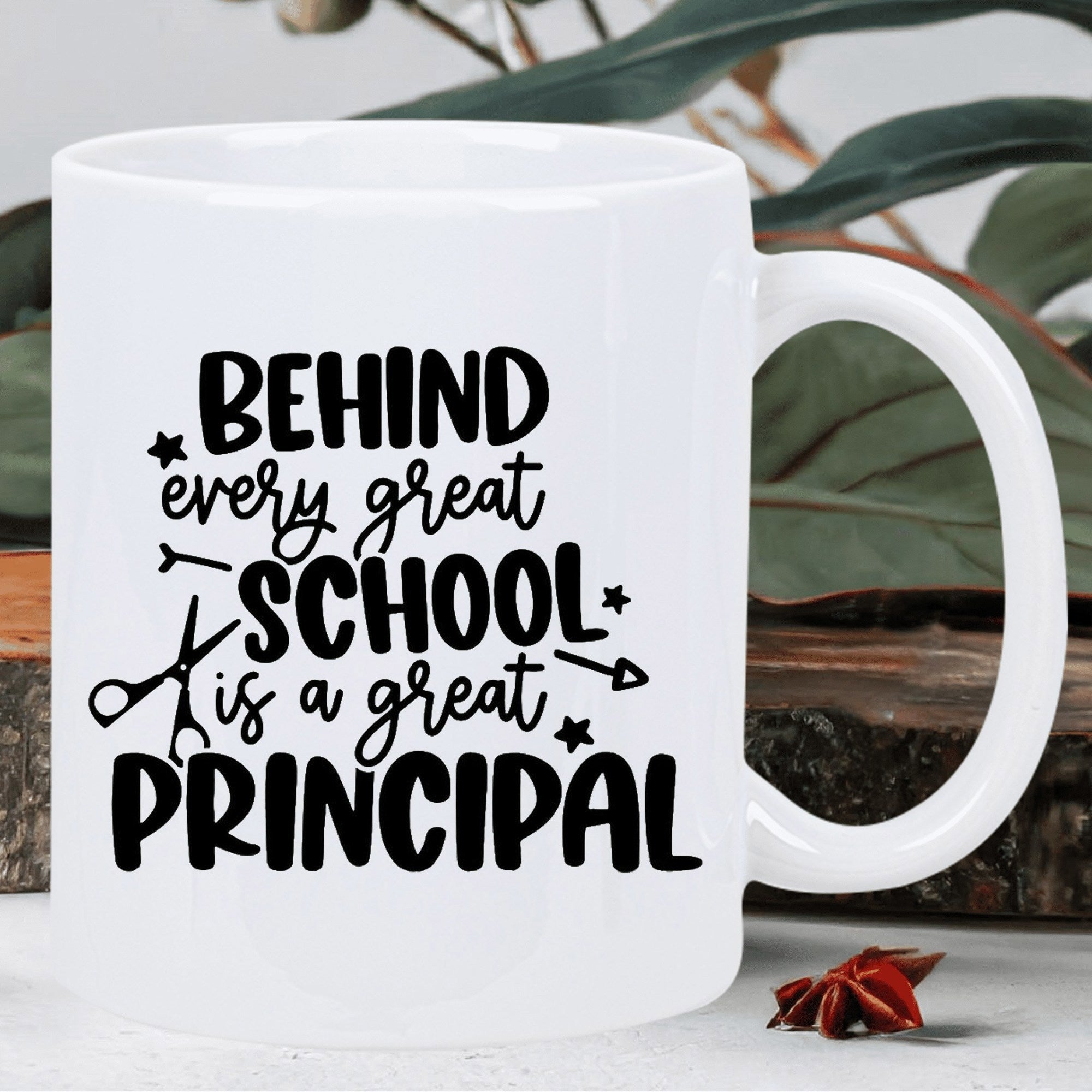 Tailorly White Ceramic 11 oz Mug - Behind Every Great School Is A Great Principal Minimalist Typography Style Featuring Decorative Stars And School Supply Icons