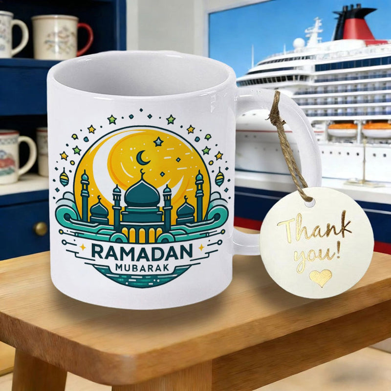 Tailorly White Ceramic 11 oz Mug - Ramadan Mubarak Golden Crescent Moon Shining Over A Stylized Blue Mosque