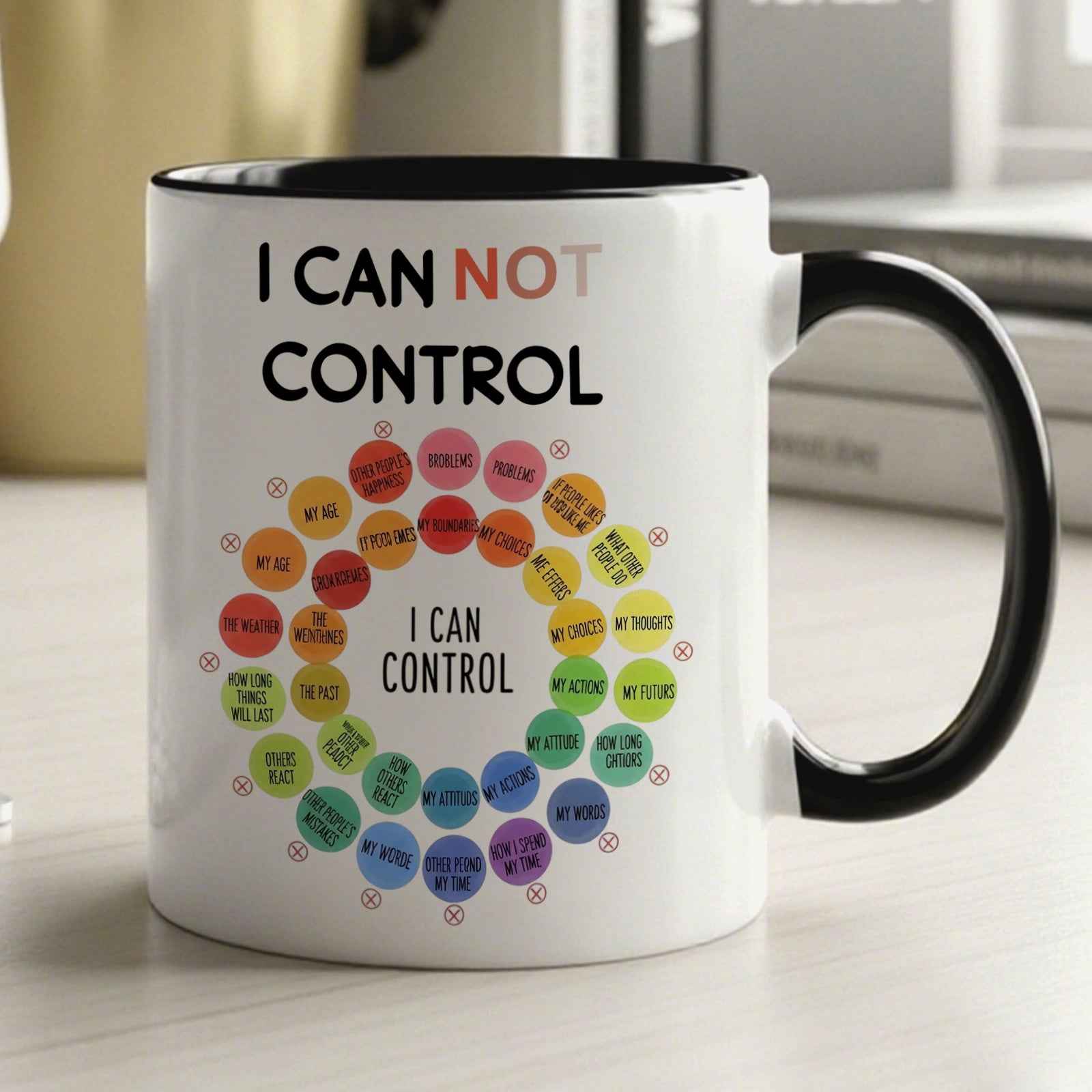 Tailorly Black Accent 11 oz Mug - inspirational mental health quote with "i can control not control"