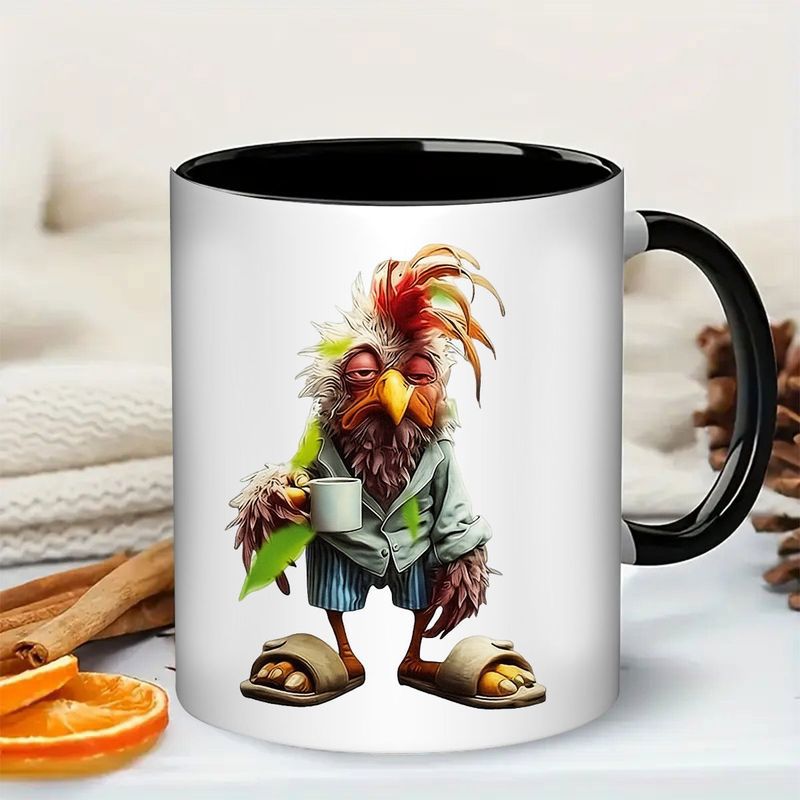 Tailorly Black Accent 11 oz Mug - item picture funny rooster coffee mug 11oz white ceramic cup with black handle interior funny chicken animal mug