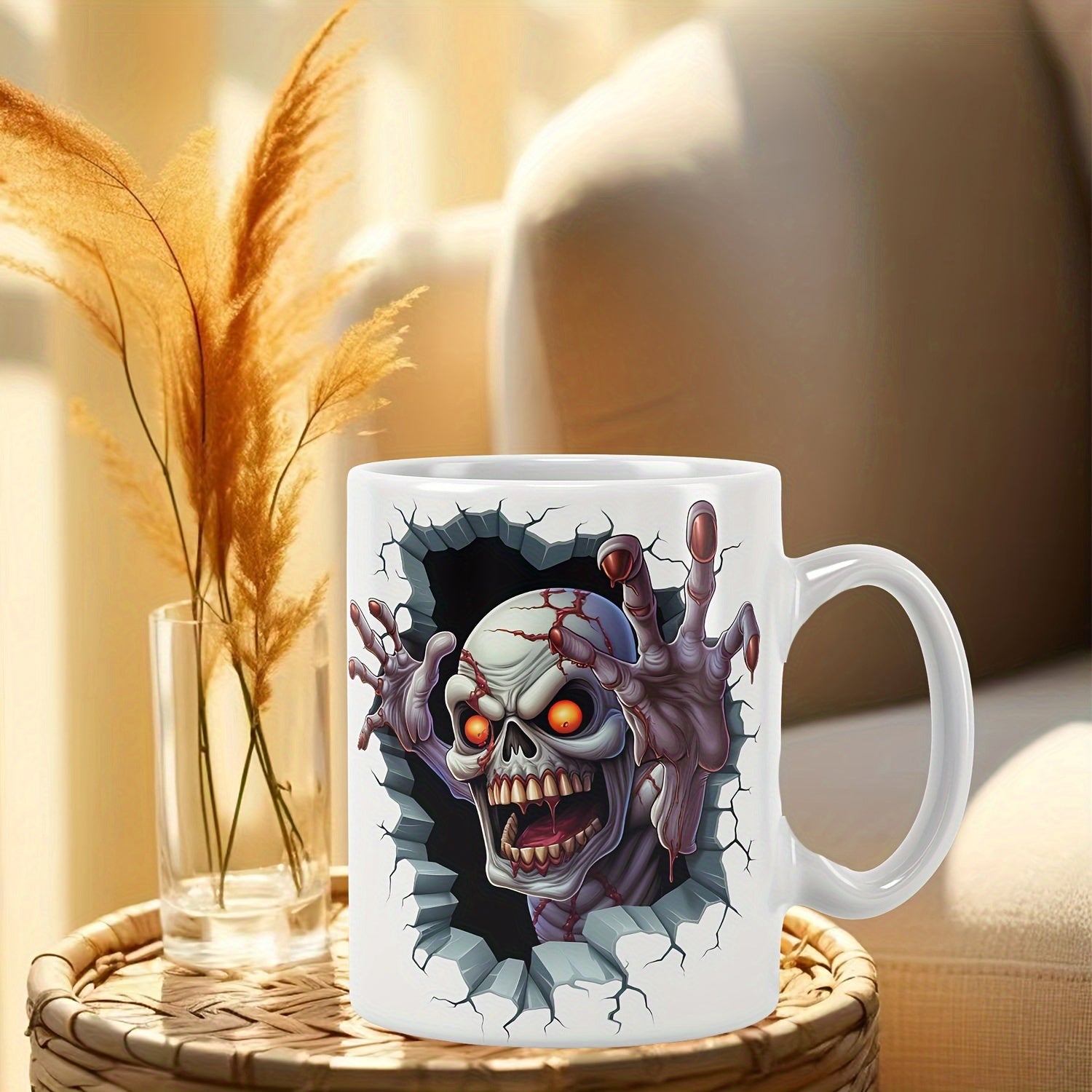 Tailorly White Ceramic 11 oz Mug - Undead Creature With Glowing Eyes Bursting Through A Cracked White Wall Monster