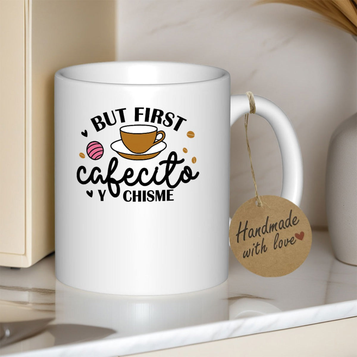 Tailorly White Ceramic 11 oz Mug - But First Minimalist White Ceramic Featuring Hand Drawn Mexican Sweet Bread And Coffee Mug