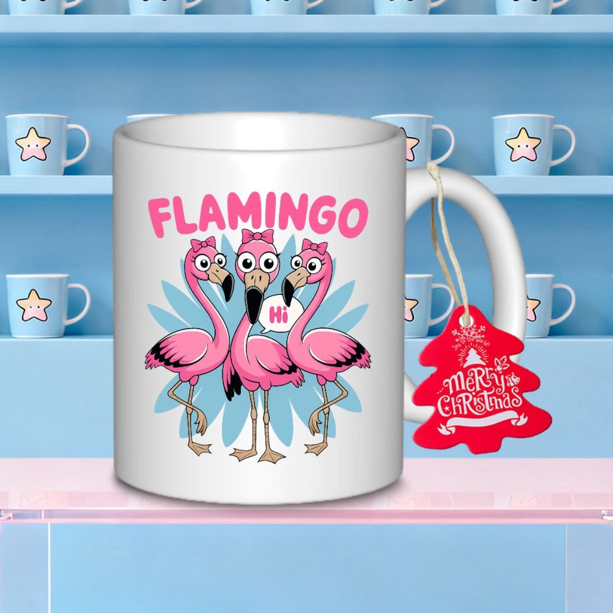 Tailorly White Ceramic 11 oz Mug - Flamingo Hi Adorable Pink Birds With Bows Standing Before Soft Blue Starburst Backdrop Flamingo