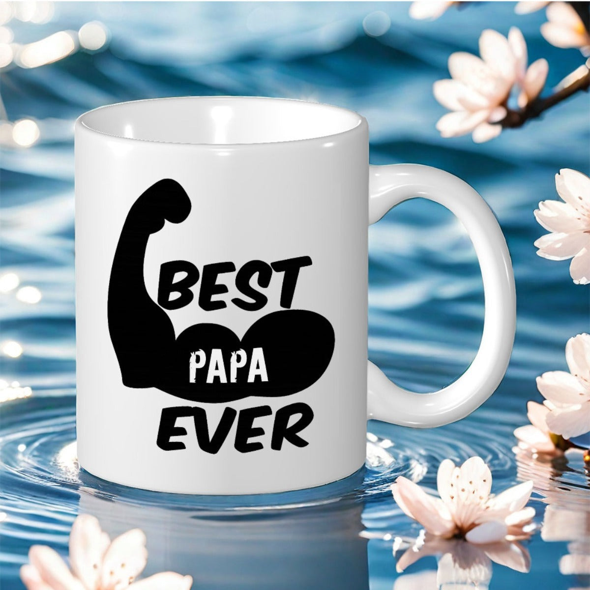 Tailorly White Ceramic 11 oz Mug - Best Papa Ever Strong Flexing Biceps Silhouette Representing Power And Great Fatherly Strength Arm