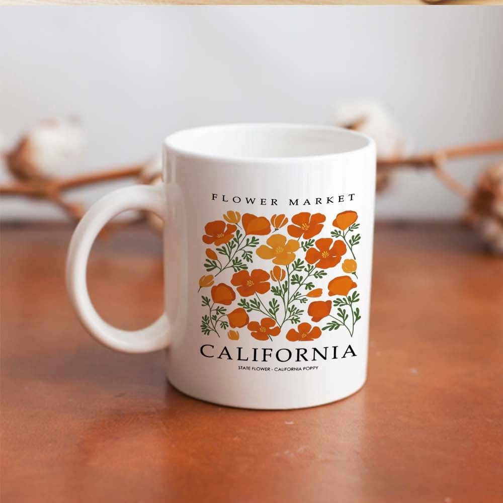 Tailorly White Ceramic 11 oz Mug - Flower Market California Vibrant Orange Wildflowers Blooming Among Delicate Green Stems Flower