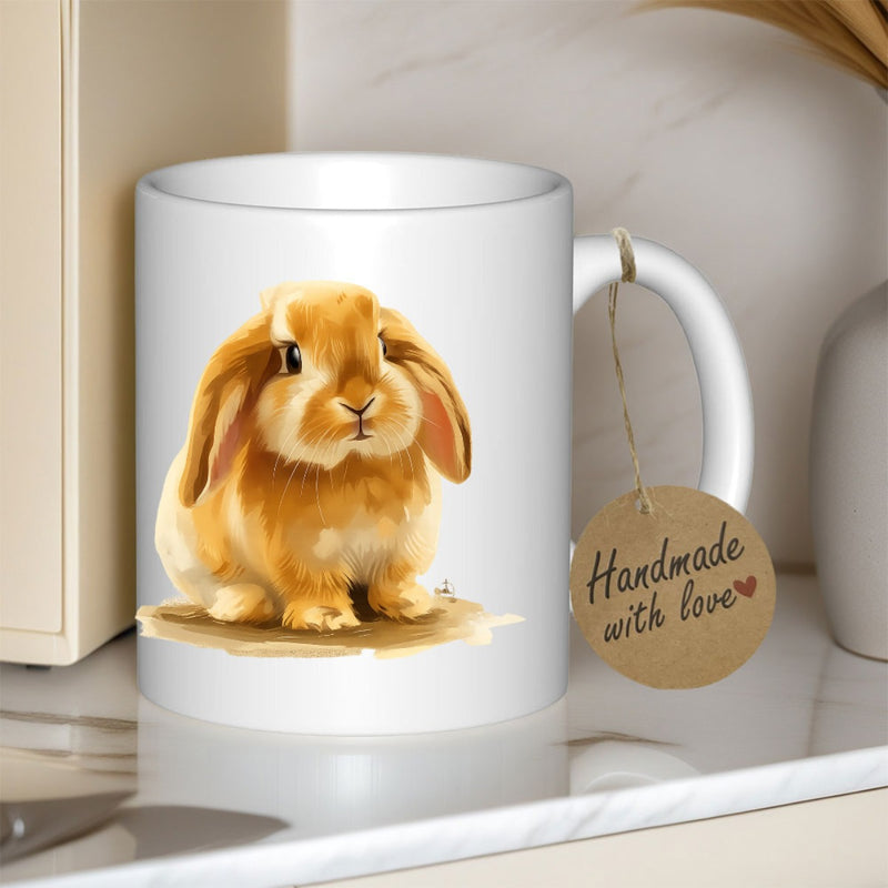 Tailorly White Ceramic 11 oz Mug - Handmade With Love Adorable Fluffy Brown Lop Eared Sitting Peacefully In A Soft Sunlit Setting Rabbit