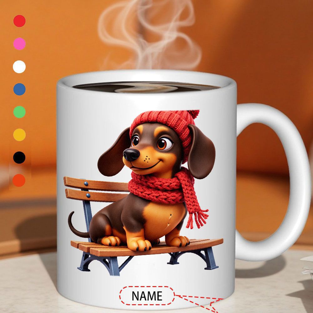 Tailorly White Ceramic 11 oz Mug - Name Cute Cartoon Brown Dog Wearing Red Knitted Scarf Resting On Wooden Bench Dachshund