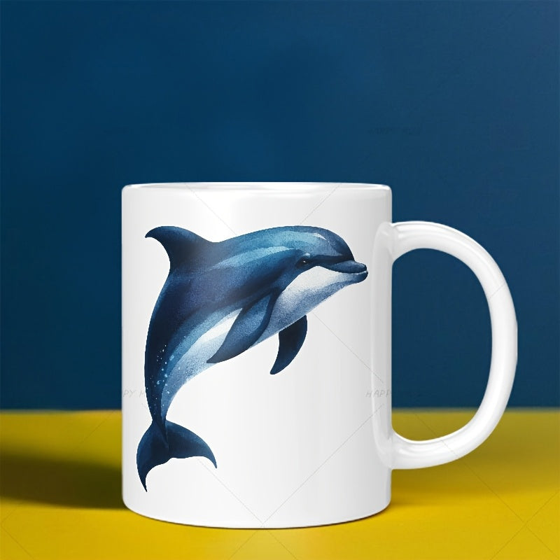 Tailorly White Ceramic 11 oz Mug - Elegant Blue Sea Creature Leaping Gracefully Across A Pure White Surface Dolphin