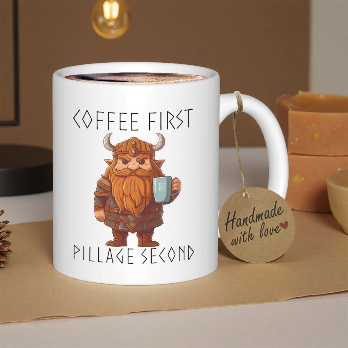 Tailorly White Ceramic 11 oz Mug - Coffee First Pillage Second Cartoonish Character With Horned Helmet Holding A Small Coffee Mug Viking