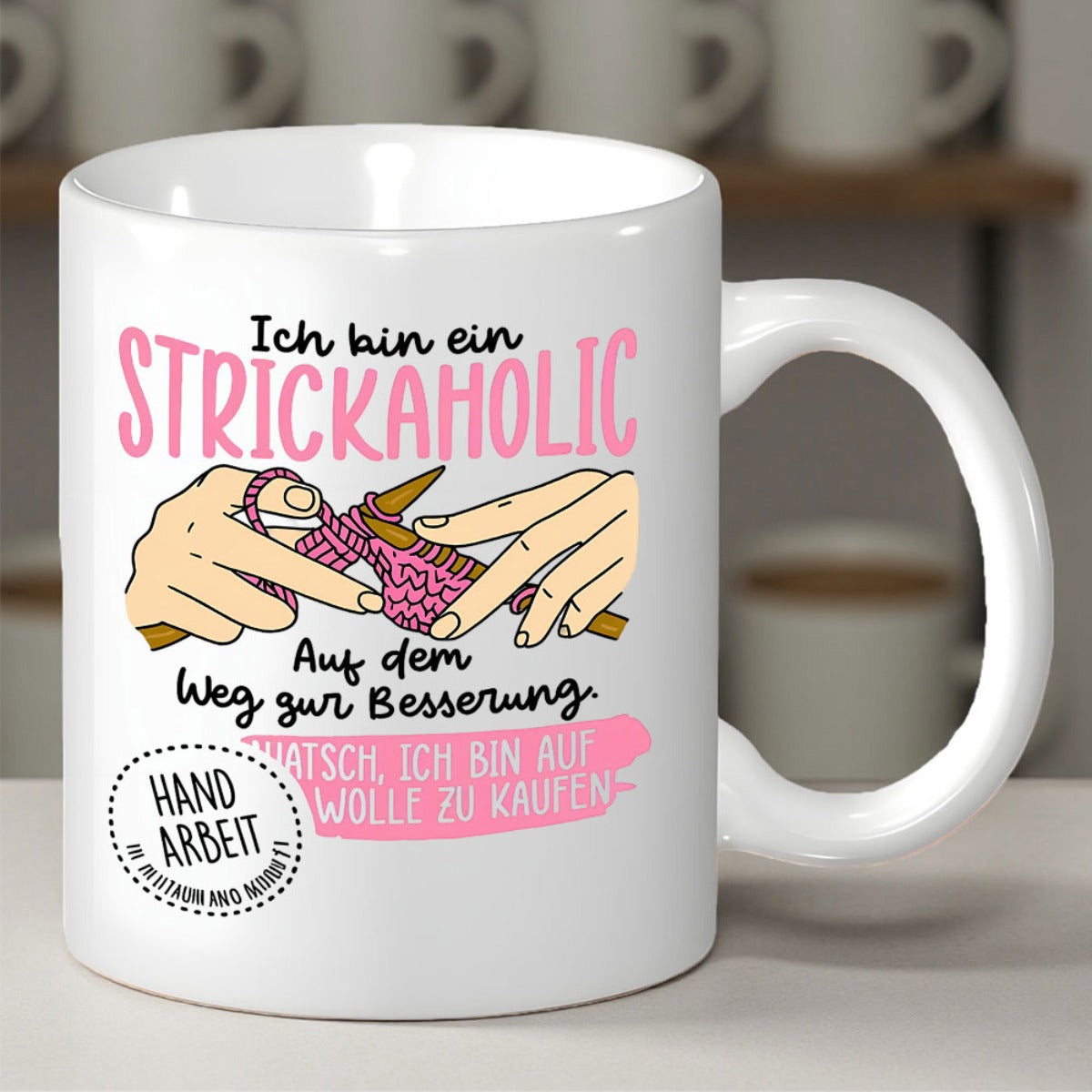 Tailorly White Ceramic 11 oz Mug - Detailed Human Hands Knitting Pink Yarn With Wooden Needles In Action Hands