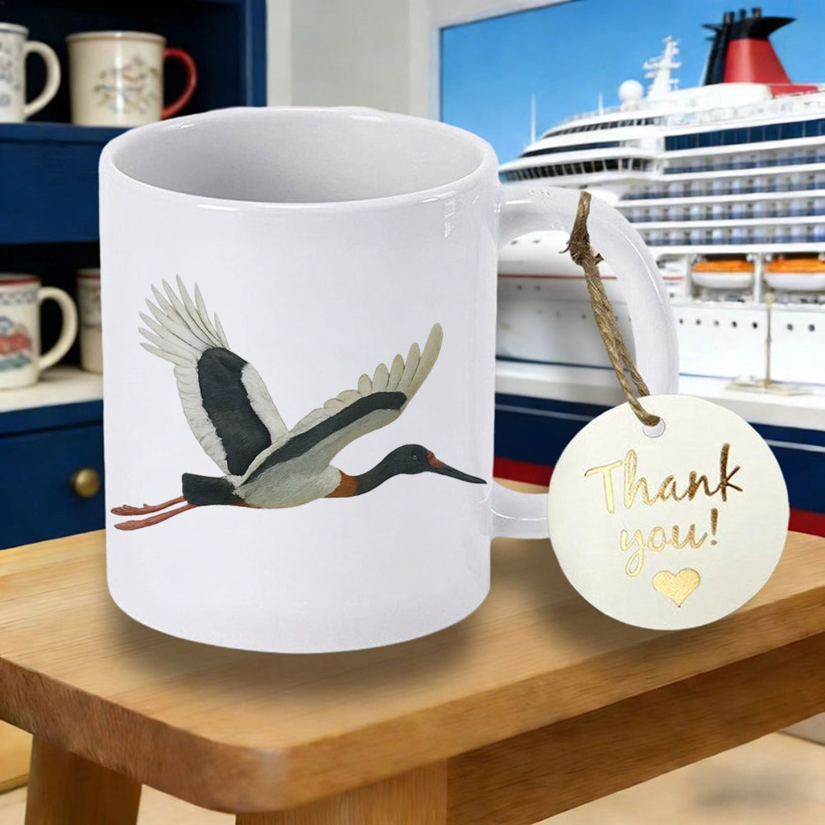 Tailorly White Ceramic 11 oz Mug - Thank You Majestic Stork Flying With Wings Spread Wide In Open Sky Bird