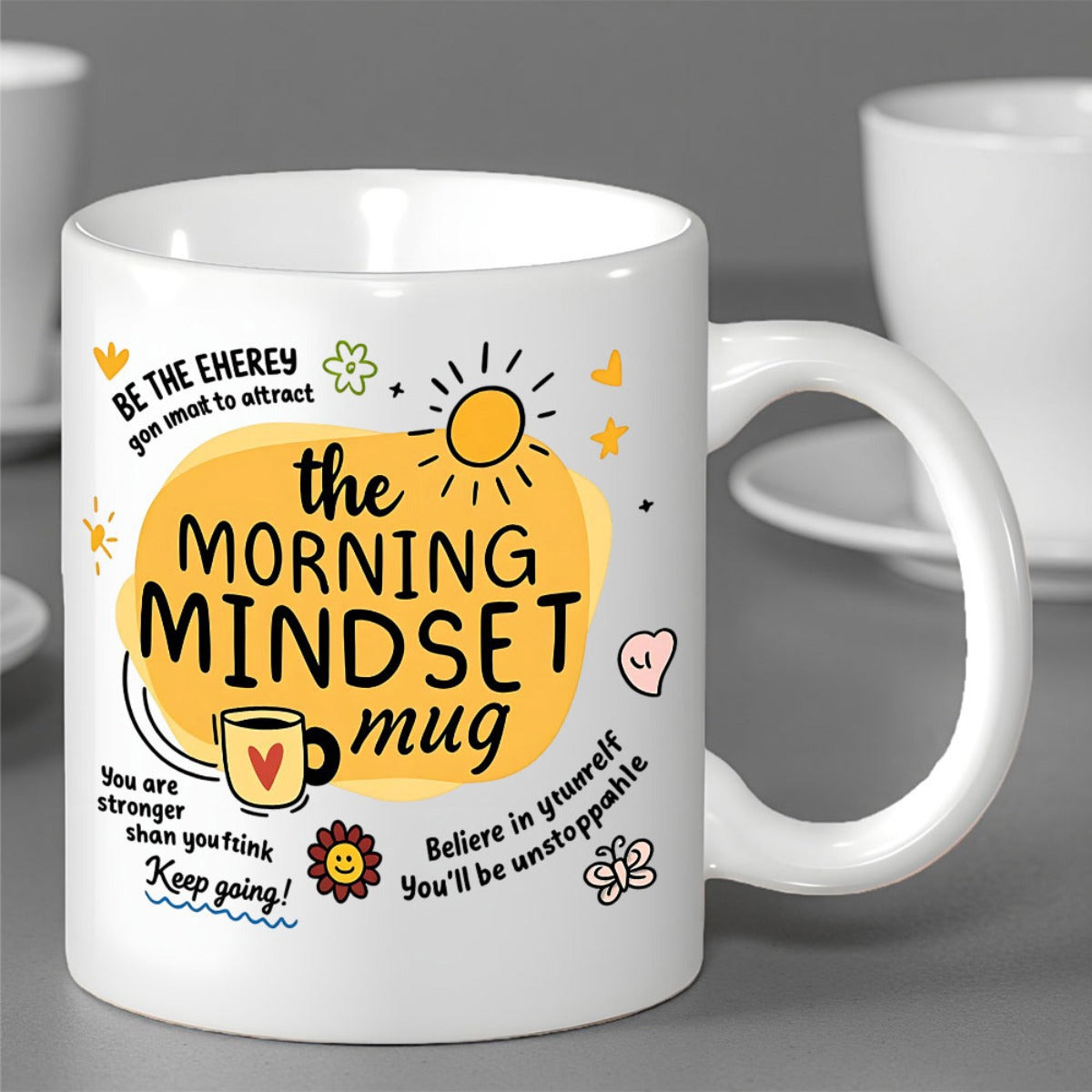Tailorly White Ceramic 11 oz Mug - The Morning Mindset Be The Energy You Want To Attract Inspiring Morning Sun With Cheerful Doodles And Warm Coffee Heart Mug