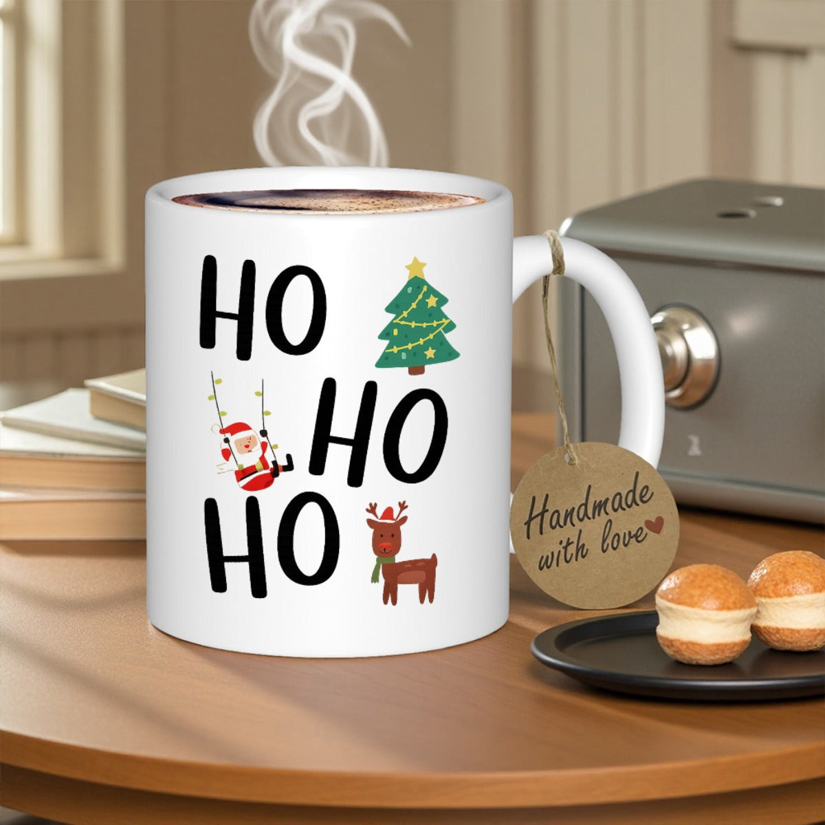 Tailorly White Ceramic 11 oz Mug - Ho Ho Ho Jolly Santa Swinging Under Starry Tree With Friendly Reindeer
