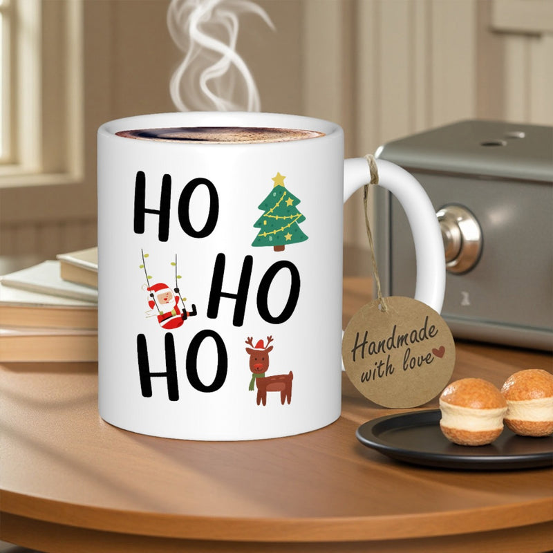 Tailorly White Ceramic 11 oz Mug - Ho Ho Ho Jolly Santa Swinging Under Starry Tree With Friendly Reindeer