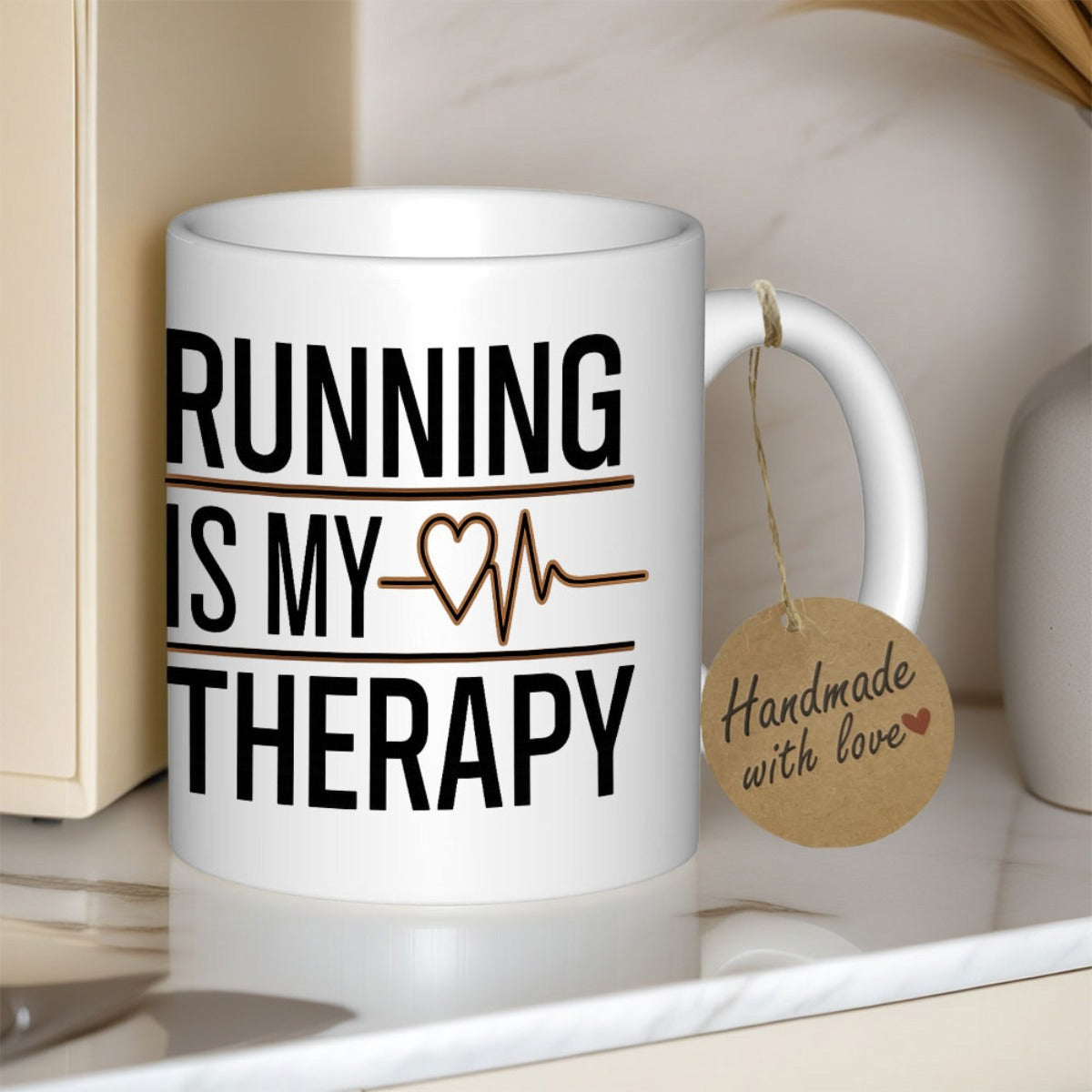 Tailorly White Ceramic 11 oz Mug - Running Is My Therapy Minimalist Heartbeat Line With Elegant Heart Shape Athletic Mug