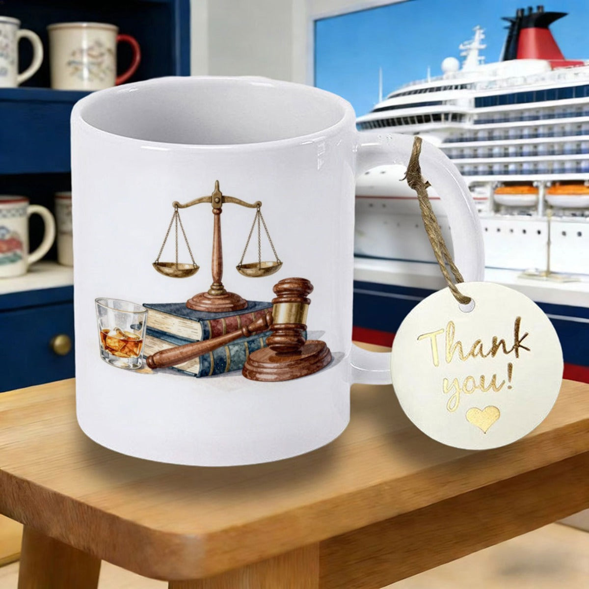 Tailorly White Ceramic 11 oz Mug - Classic Golden Scales Of Justice Balanced Upon Books With Wooden Gavel