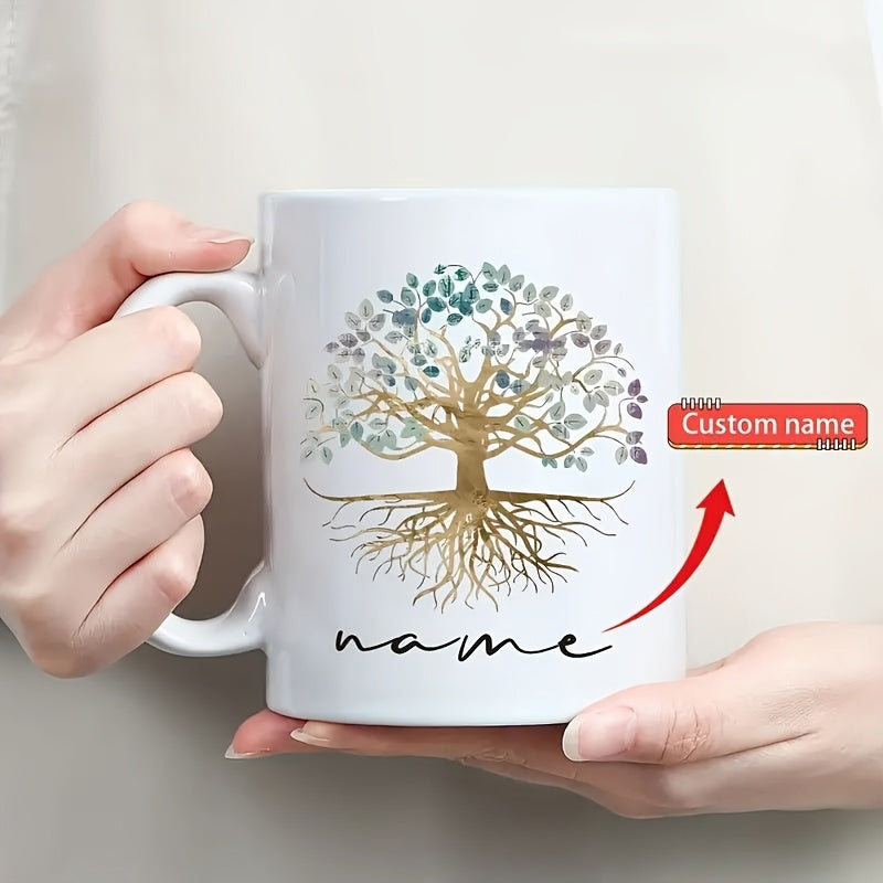 Tailorly White Ceramic 11 oz Mug - Name Ornate Golden Trunk With Spreading Roots And Colorful Foliage Tree