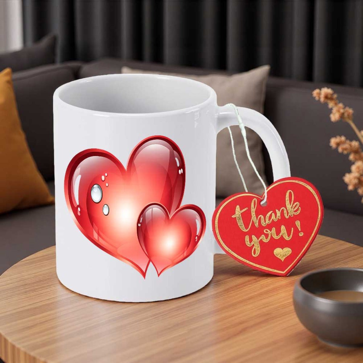 Tailorly White Ceramic 11 oz Mug - Thank You Glossy Vibrant Red Hearts With Shining Crystal Reflections Heart