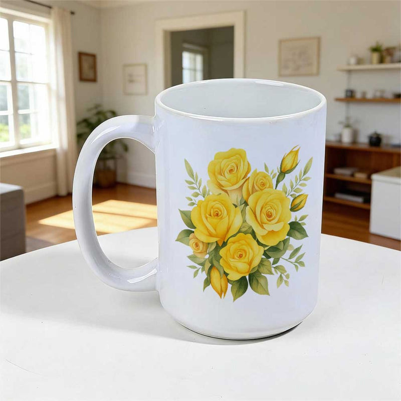 Tailorly White Ceramic 11 oz Mug - Elegant Blooming Yellow Flowers Surrounded By Lush Green Leaves Vibrant Rose