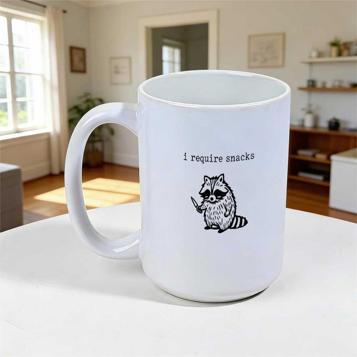 Tailorly White Ceramic 11 oz Mug - I Require Snacks Small Hand Drawn Style Holding A Sharp Knife Raccoon