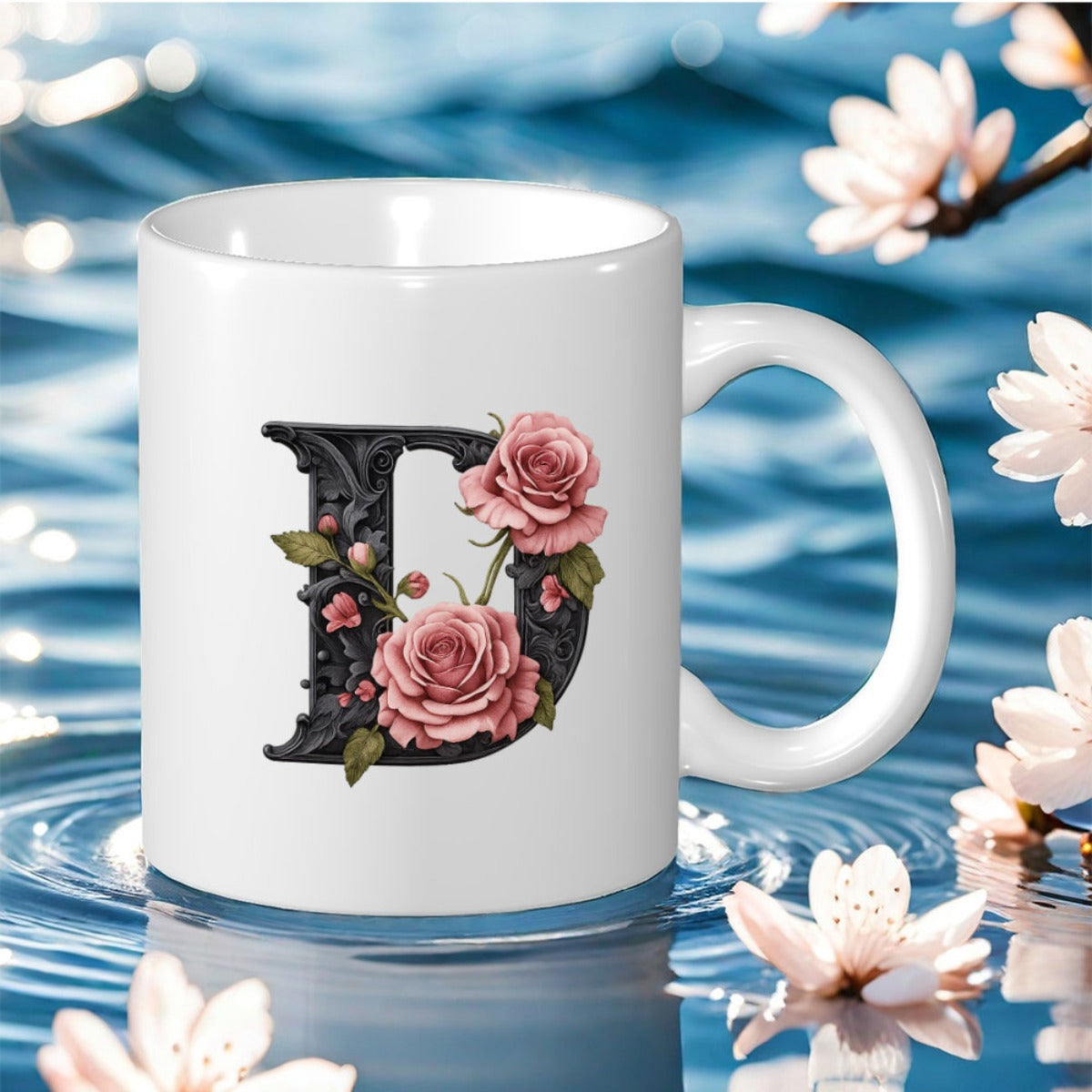 Tailorly White Ceramic 11 oz Mug - D Ornate Baroque Letter Decorated With Delicate Pink Roses And Leaves Mug