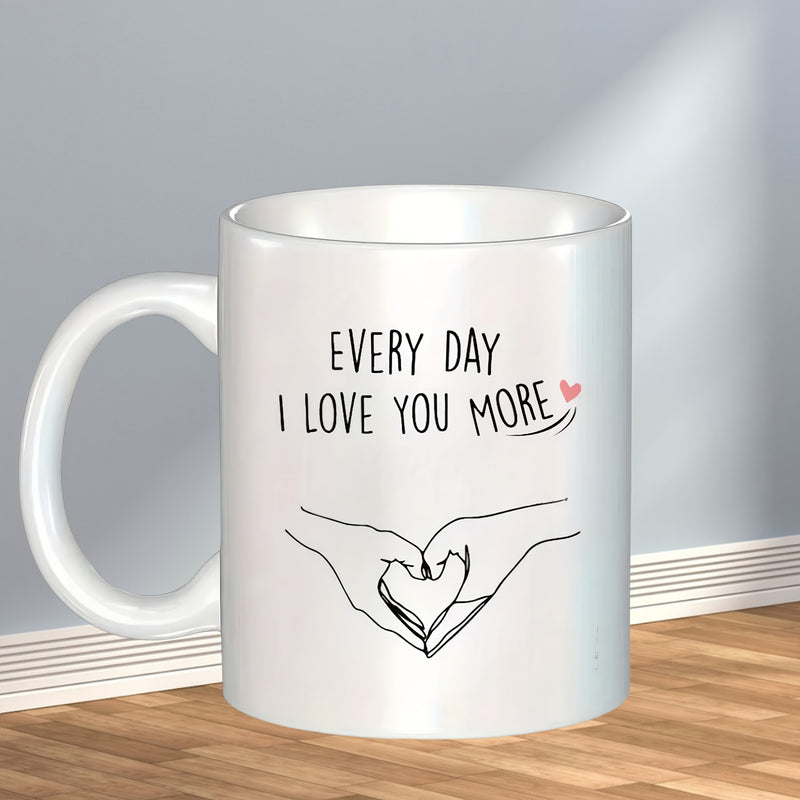 Tailorly White Ceramic 11 oz Mug - Every Day I Love You More Minimalist Line Art Sketching Hands Forming A Romantic Connection Heart
