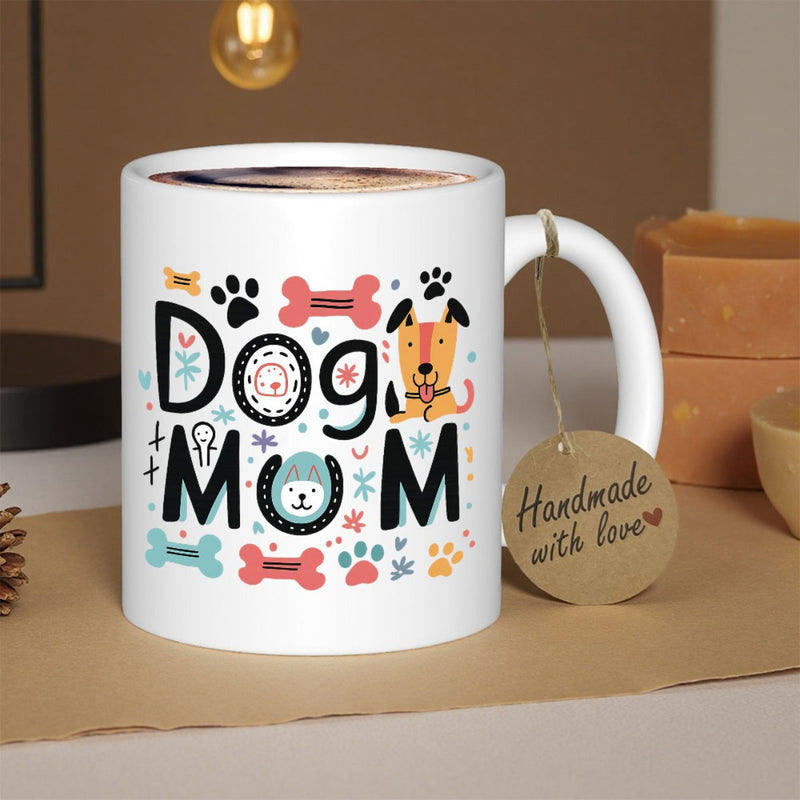 Tailorly White Ceramic 11 oz Mug - Dog Mom Cute Cartoon Illustrations Featuring Paw Prints Bones And Hearts Mug