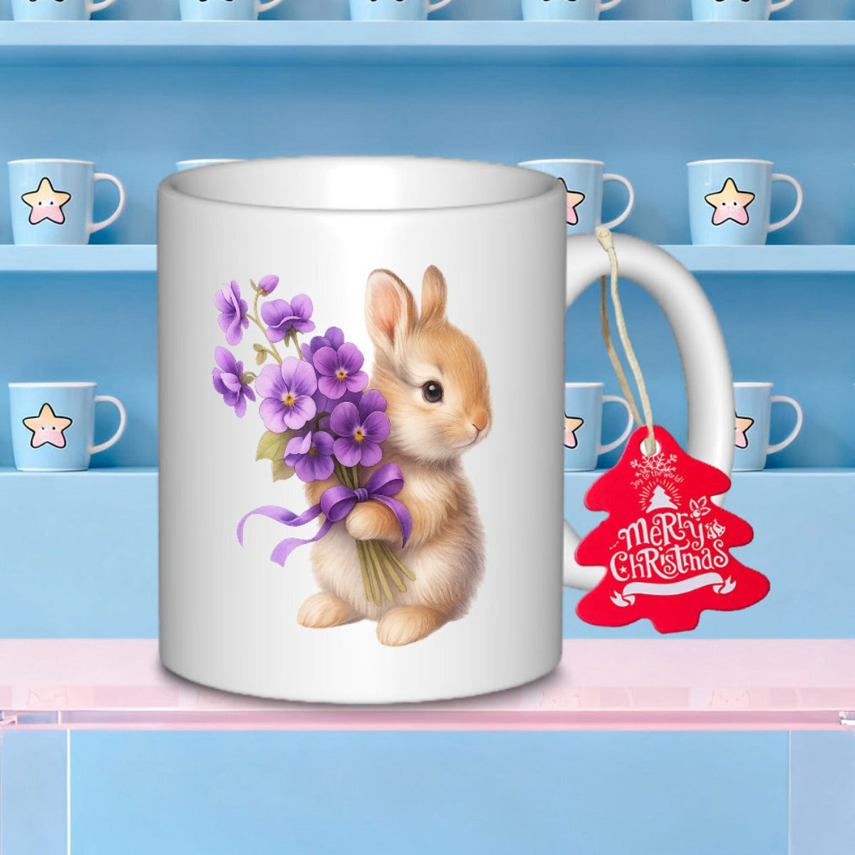 Tailorly White Ceramic 11 oz Mug - Merry Christmas Adorable Soft Furry Rabbit Holding Vibrant Purple Flower Bouquet In Paws Bunny