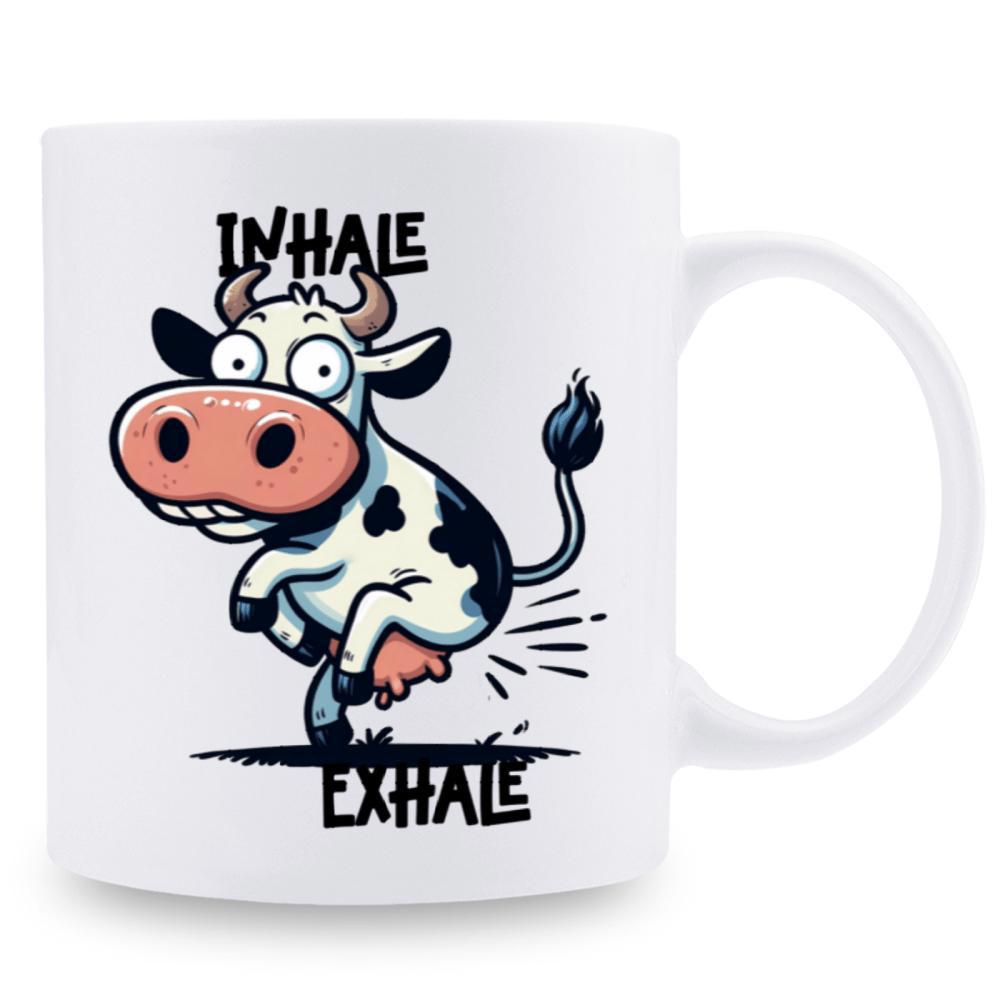 Tailorly White Ceramic 11 oz Mug - Inhale Exhale Funny Cartoon Dairy Animal With Wide Eyes And Expressive Silly Pose Cow