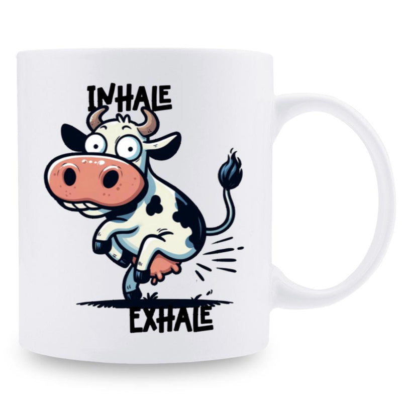 Tailorly White Ceramic 11 oz Mug - Inhale Exhale Funny Cartoon Dairy Animal With Wide Eyes And Expressive Silly Pose Cow