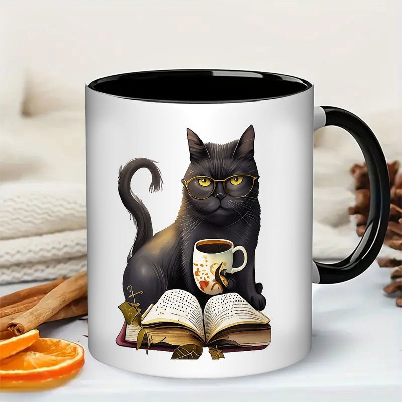 Tailorly Black Accent 11 oz Mug - elegant black cat with glasses book design