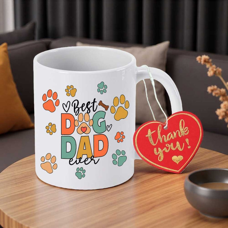 Tailorly White Ceramic 11 oz Mug - Best Dog Dad Ever Retro Style Colorful Paw Prints And Small Decorative Hearts Dog
