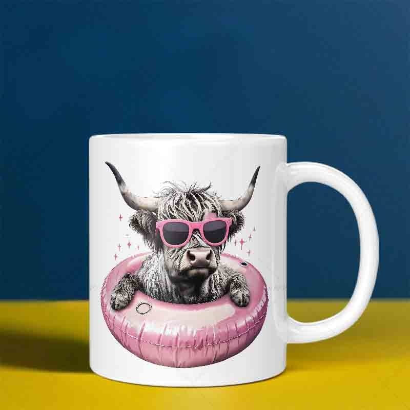Tailorly White Ceramic 11 oz Mug - Shaggy Highland Animal Wearing Pink Sunglasses Inside Floating Summer Pool Ring Cow