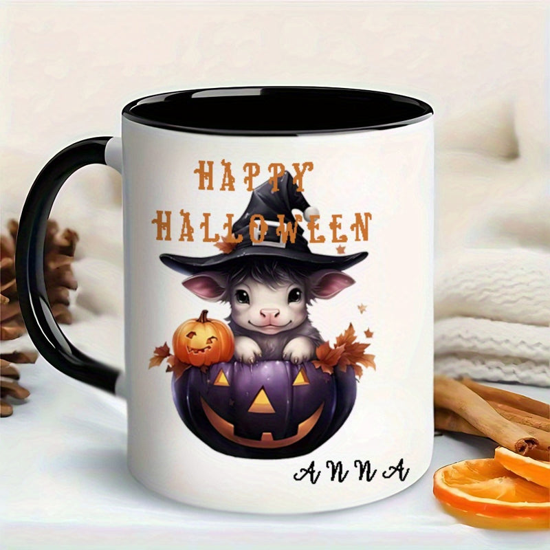 Tailorly Black Accent 11 oz Mug - halloween lamb with witch hat and pumpkin