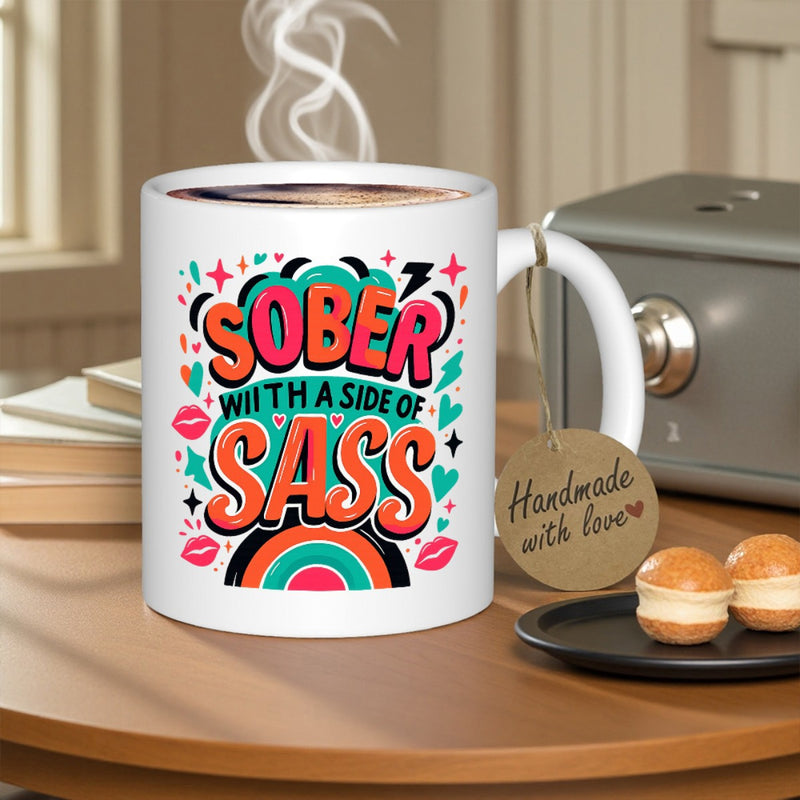 Tailorly White Ceramic 11 oz Mug - Sober With A Side Of Sass Colorful Retro Design With Hearts Stars And Lips Near A Vibrant Rainbow