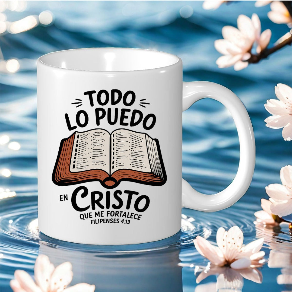 Tailorly White Ceramic 11 oz Mug - Open Religious Scripture Resting Amidst Rippling Blue Water And Spring Flowers Bible
