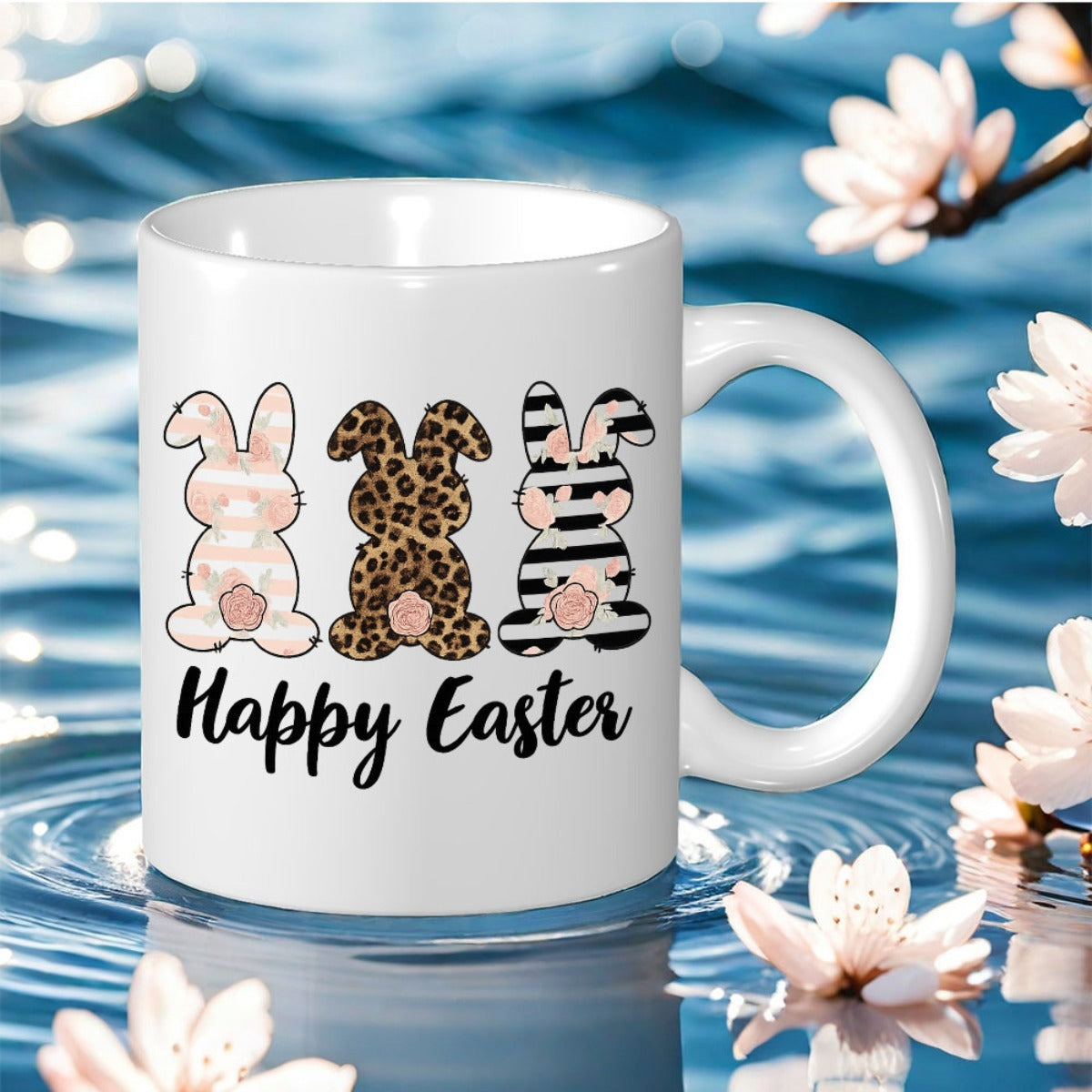 Tailorly White Ceramic 11 oz Mug - Happy Easter Three Decorative Silhouettes Featuring Leopard And Striped Textures Bunny