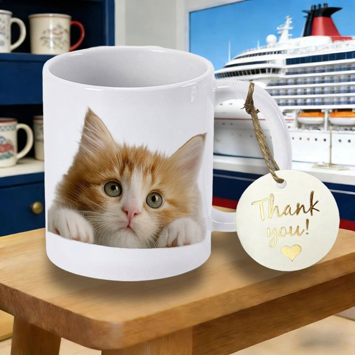 Tailorly White Ceramic 11 oz Mug - Adorable Ginger And White Long Haired Kitten Peeking Over Edge Cat