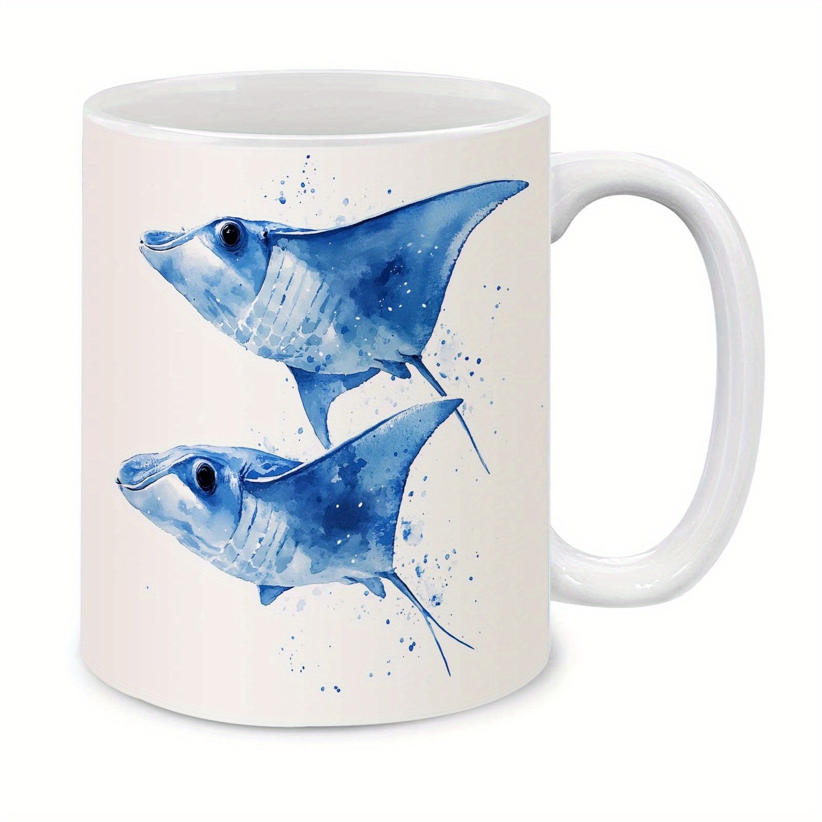 Tailorly White Ceramic 11 oz Mug - Elegantly Swimming Watercolor Sea Creatures Within Splashes Of Blue Tones Stingray